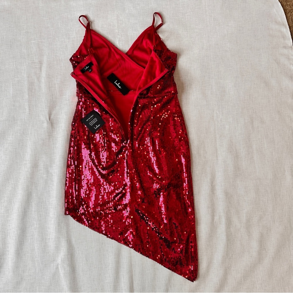 Lulus‎ Below the Stars Wine Red Sequin Asymmetrical Bodycon Dress Size Large NWT - Picture 6 of 9